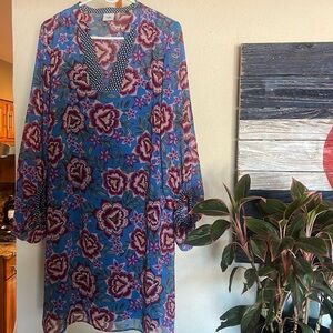 CAbi Dress  Style #5612 Primrose Blue Floral Shift Flowy Chiffon Boho